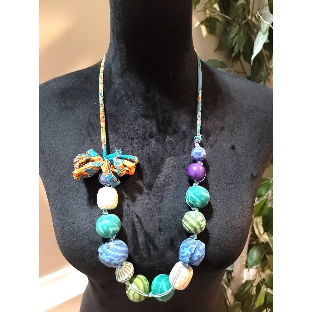 Women's Multicolor Beaded Necklace with Fabric Tie‎ Closure and Unique Design